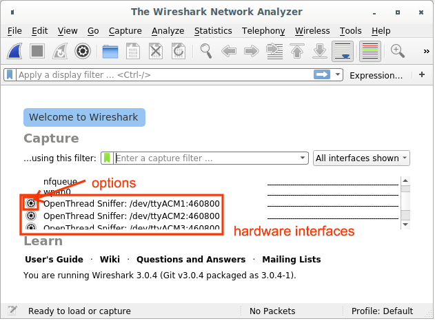 التقاط صور Extcap أو OT Sniffer Wireshark