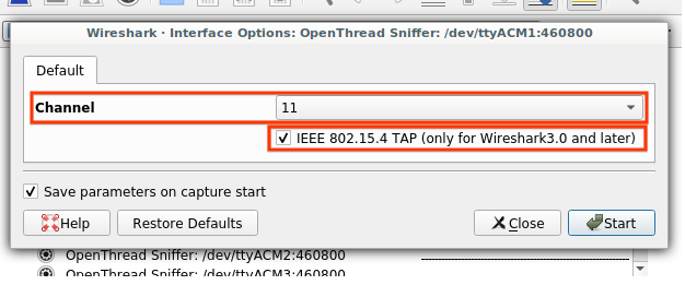 Optionen für OT Sniffer Wireshark Extcap