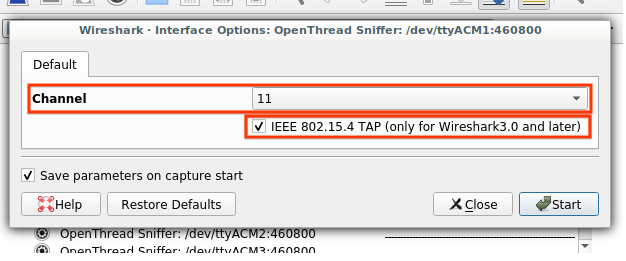 OT Sniffer Wireshark Extcap-Optionen