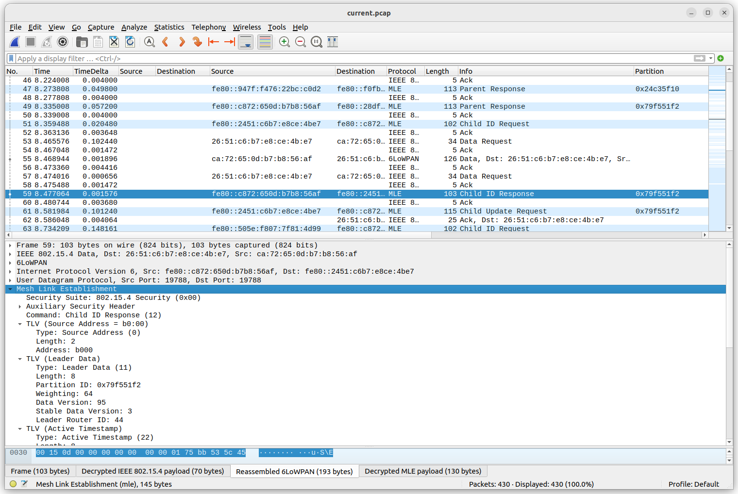 Wireshark 中 OpenThread 数据包分析的屏幕截图